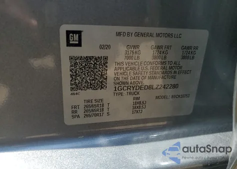 2020 Chevrolet Silverado K1500 Lt из США, поврежденный, VIN 1GCRYDED8LZ242280